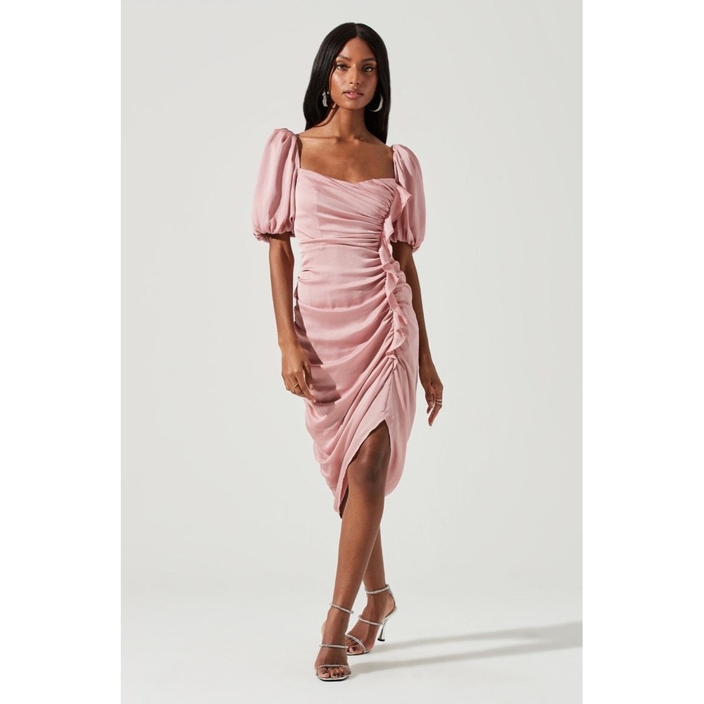 ASTR The Label Rose Pink Ruched Puff‎ Sleeve Midi Dress Womens Large